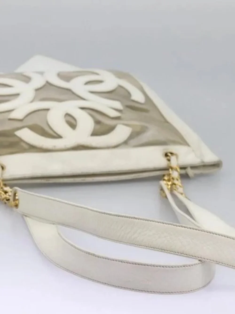 CHANEL Triple Coco Chain Tote Bag Vinyl Leather White Gold CC Auth bs23423